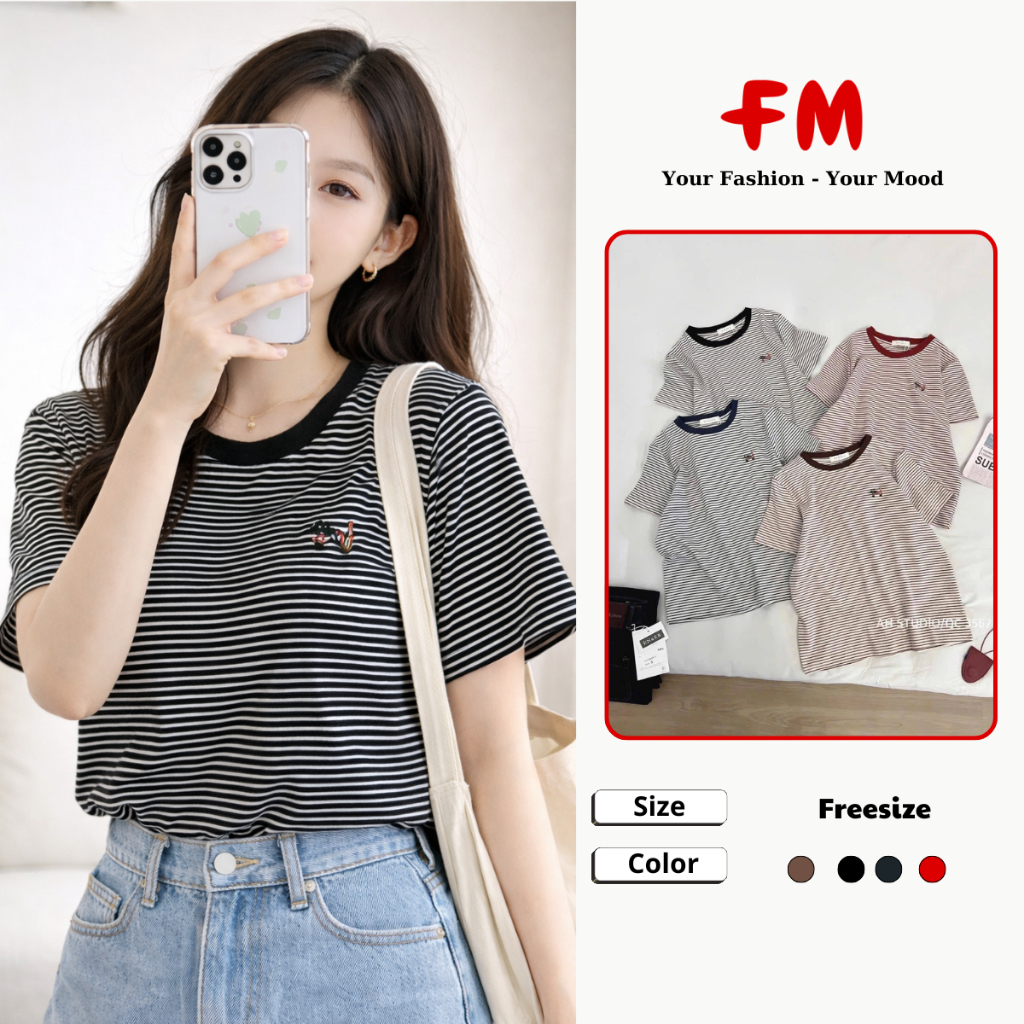 Áo Thun Nữ Hottrend  FMSTYLE Sọc Ngang Viền Cổ - Form Rộng Thêu Mèo Dễ Thương Dễ Phối Đồ 26040597