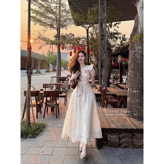 ZIMM STORE-Đầm ren họa tiết hoa nổi màu trắng sát nách cổ V khoét sâu gợi cảm