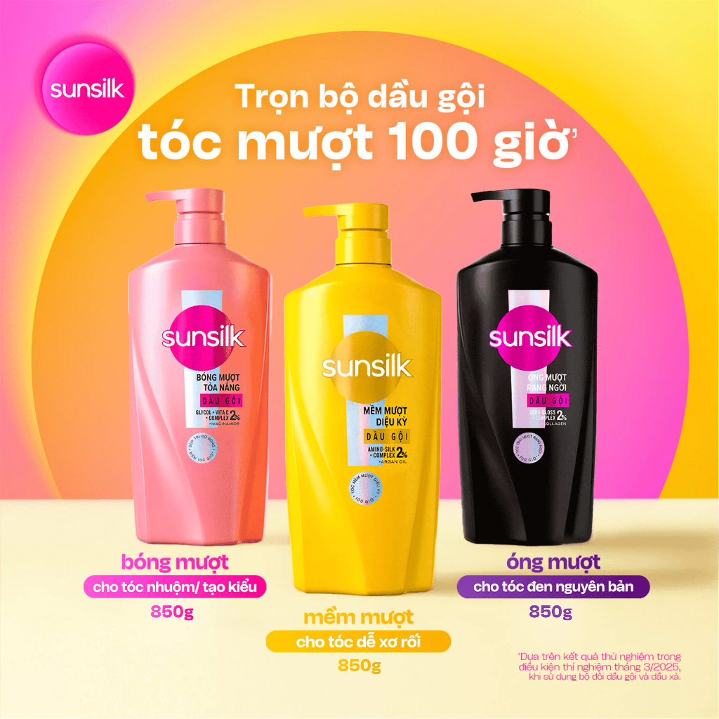 Dầu gội Sunsilk cho tóc Mượt 100h (Bóng mướt-Luminous UV / Đen óng-Glossy Black / Mềm mượt-Silky Smooth) 850g