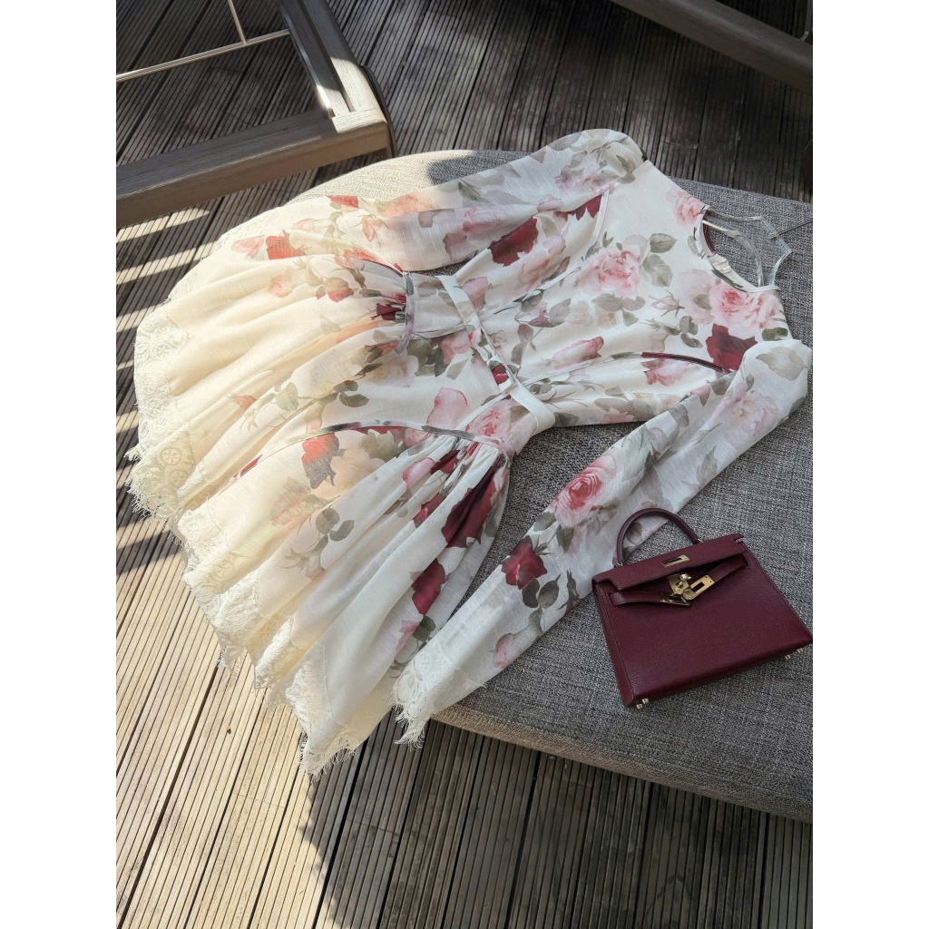 ZIMM STORE-Đầm thiết kế hoa nhí cổ điển thắt eo tôn dáng chân váy phối ren lỗ cao cấp