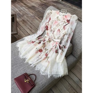 DAY CLOTHING-Váy hoa nhí dáng dài tay bồng phối ren chân cực xinh outfit đi làm đi chơi sang trọng