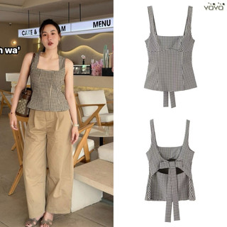 Áo hai dây caro nâu phối nơ