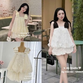 Set Bộ Đồ Nữ Ren Hoa Áo 2 Dây Phối Nơ Vai TO Bí Phồng Gấu Mix Chân Váy Bí Dáng Ngắn