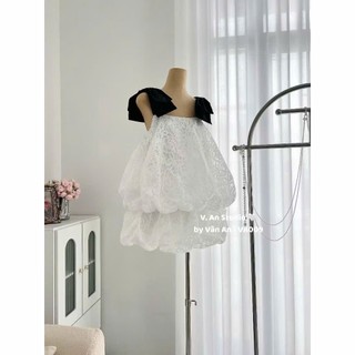 Set Bộ Đồ Nữ Ren Hoa Áo 2 Dây Phối Nơ Vai TO Bí Phồng Gấu Mix Chân Váy Bí Dáng Ngắn