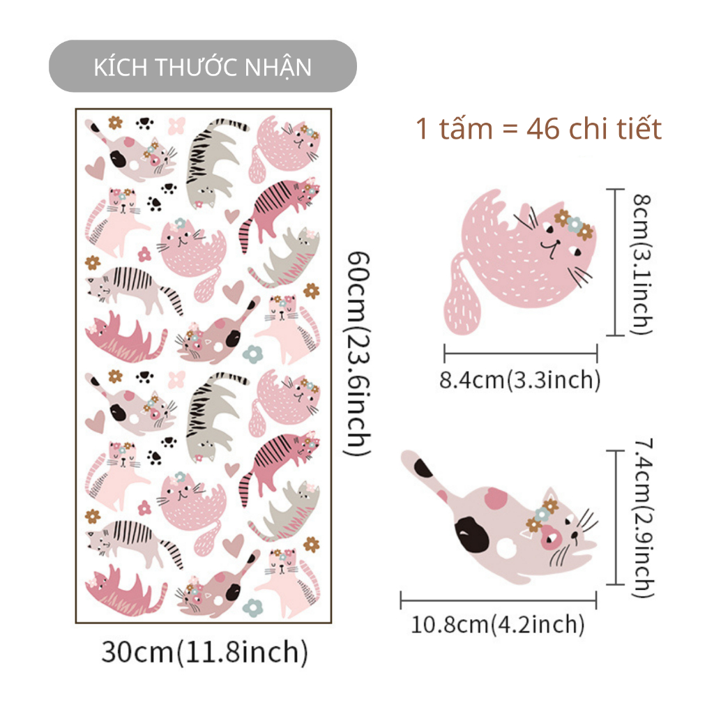 Sticker Decal Dán Tường Mẫu Mèo Hồng Có Keo Sẵn - Trang Trí Cửa Kính - Decor Quán Cafe - Phòng Ngủ