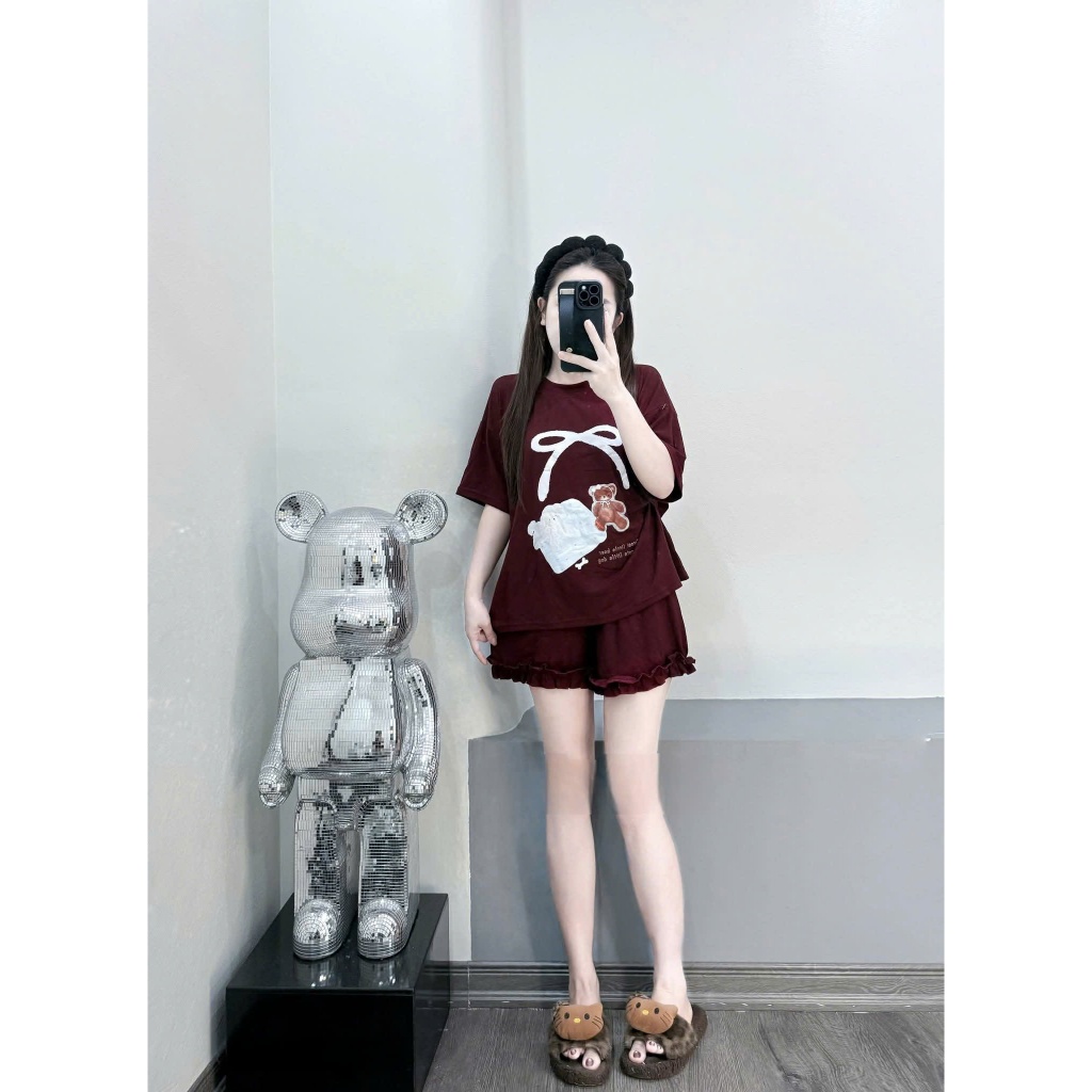 Set Bộ Cộc In GẤU NƠ Áo Thun Cộc Tay Cổ Tròn Mix Quần Đùi Phối Bèo Mặc Nhà Đi Chơi Phong Cách Trẻ Trung