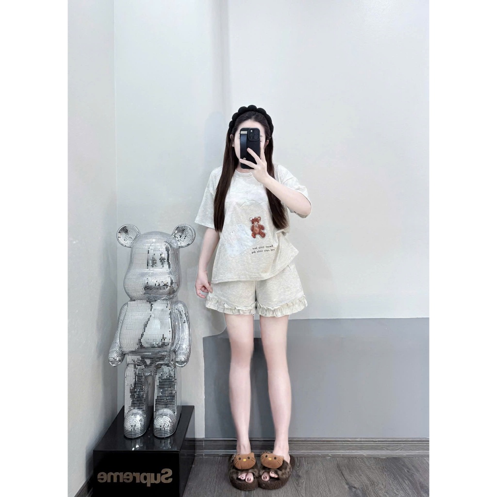 Set Bộ Cộc In GẤU NƠ Áo Thun Cộc Tay Cổ Tròn Mix Quần Đùi Phối Bèo Mặc Nhà Đi Chơi Phong Cách Trẻ Trung