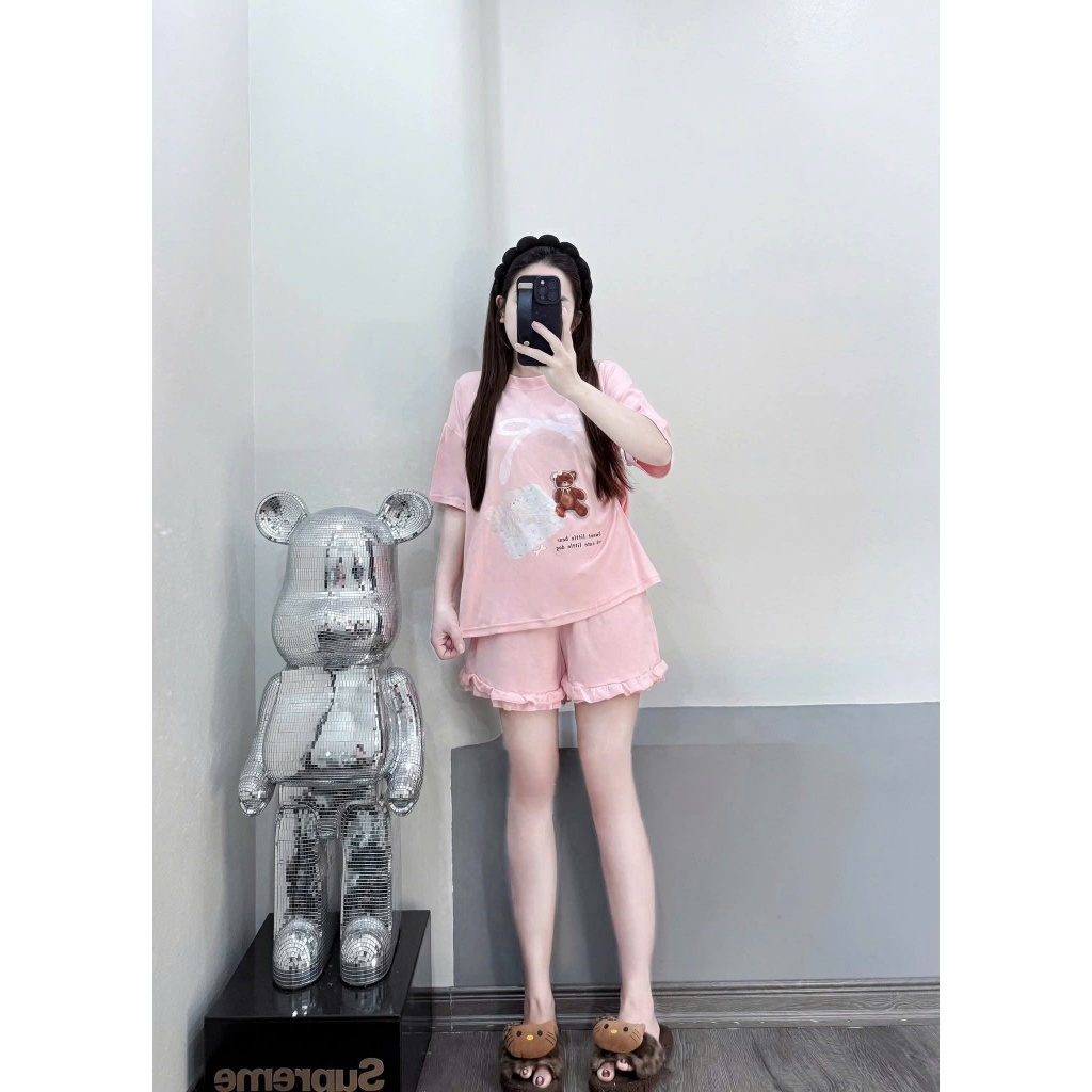 Set Bộ Cộc In GẤU NƠ Áo Thun Cộc Tay Cổ Tròn Mix Quần Đùi Phối Bèo Mặc Nhà Đi Chơi Phong Cách Trẻ Trung