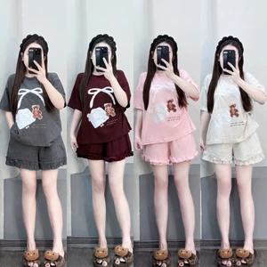 Set Bộ Cộc In GẤU NƠ Áo Thun Cộc Tay Cổ Tròn Mix Quần Đùi Phối Bèo Mặc Nhà Đi Chơi Phong Cách Trẻ Trung