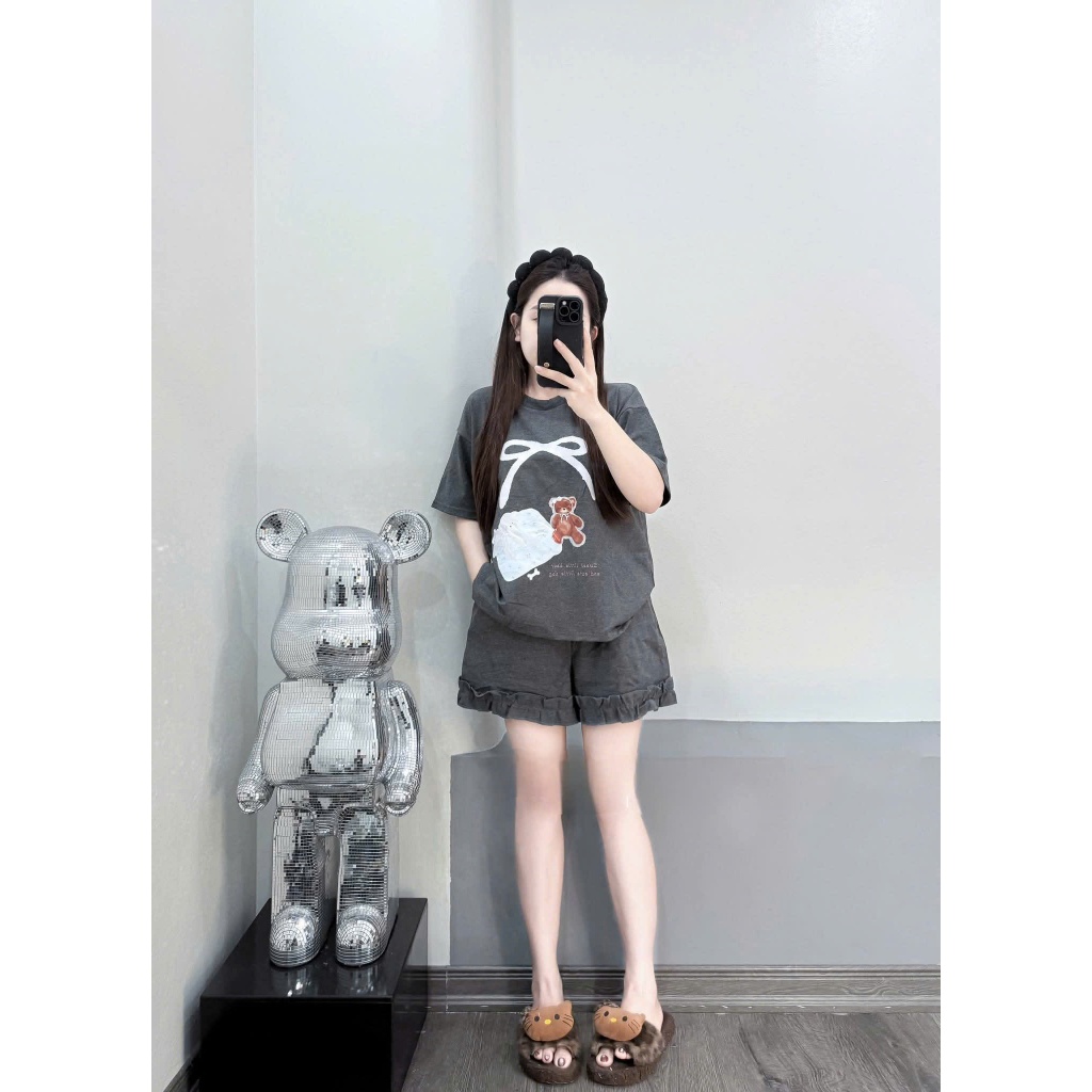 Set Bộ Cộc In GẤU NƠ Áo Thun Cộc Tay Cổ Tròn Mix Quần Đùi Phối Bèo Mặc Nhà Đi Chơi Phong Cách Trẻ Trung
