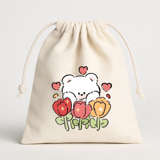 Túi vải mộc, túi canvas có dây rút màu kem size lớn Cute Bear đựng quần áo, phụ kiện tiện lợi - tuio2022
