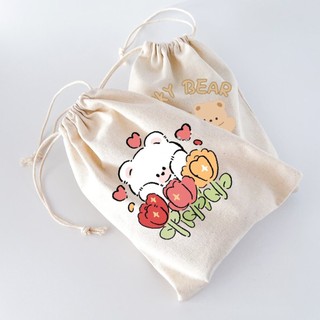Túi vải mộc, túi canvas có dây rút màu kem size lớn Cute Bear đựng quần áo, phụ kiện tiện lợi - tuio2022