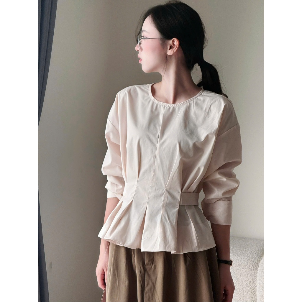 Áo kiểu cổ tròn eo xếp ly dây buộc lưng chất vải thô nến Miha Studio