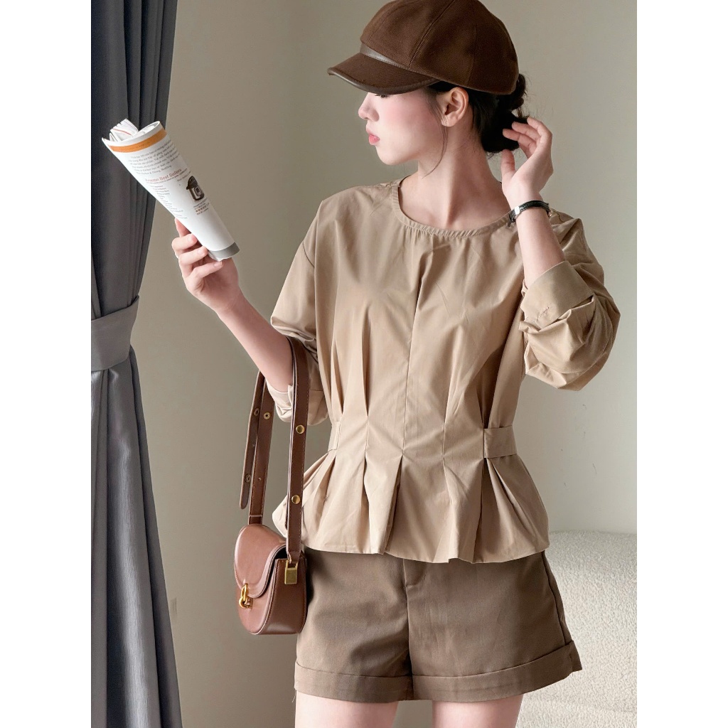 Áo kiểu cổ tròn eo xếp ly dây buộc lưng chất vải thô nến Miha Studio