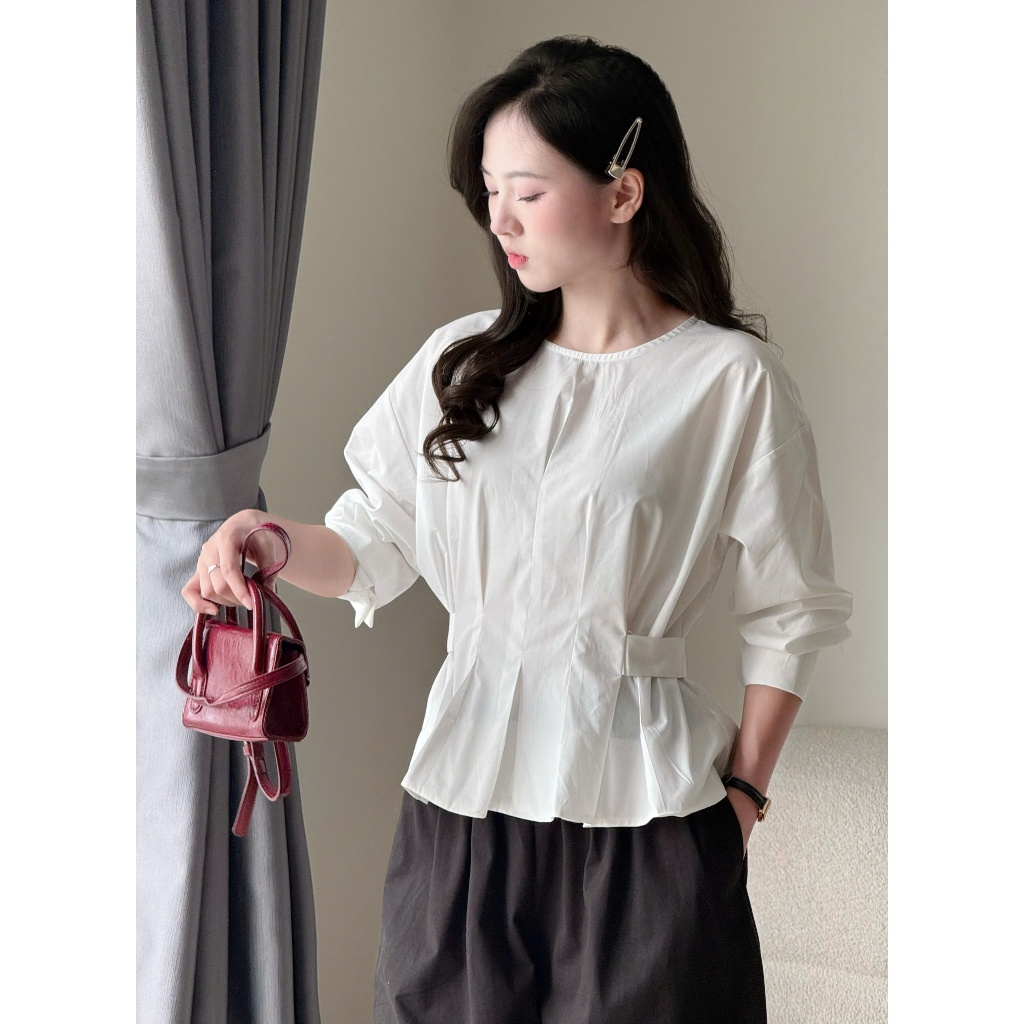 Áo kiểu cổ tròn eo xếp ly dây buộc lưng chất vải thô nến Miha Studio
