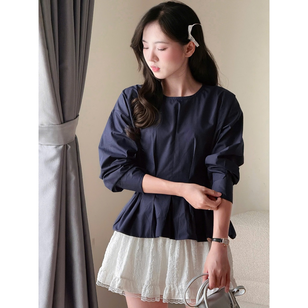 Áo kiểu cổ tròn eo xếp ly dây buộc lưng chất vải thô nến Miha Studio