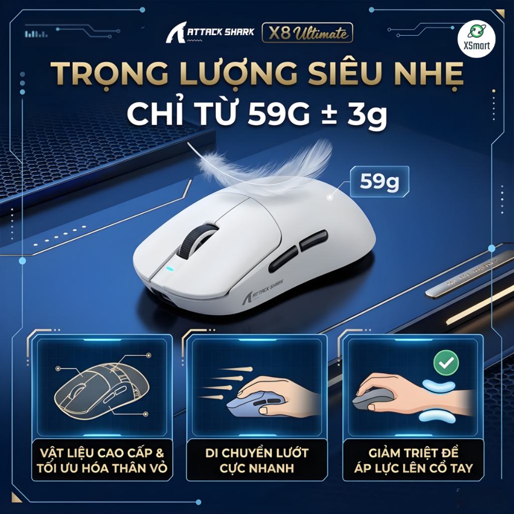 Chuột Không Dây Gaming Attack Shark X8 Ultimate Cảm Biến PAW3950MAX, Pin Sạc, Dongle 8K, App Macro | BigBuy360 - bigbuy360.vn