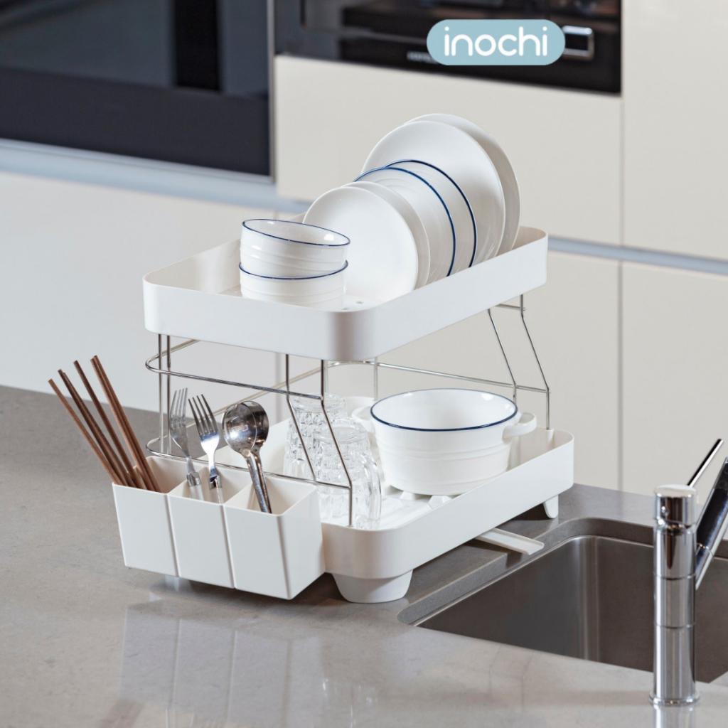 KỆ CHÉN BÁT 2 TẦNG nhựa Inox  Tokyo Inochi - Có khay thoát nước thông minh, tiện dụng