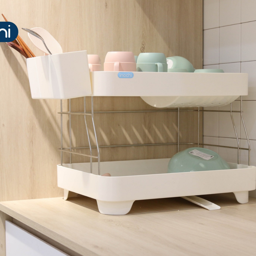 KỆ CHÉN BÁT 2 TẦNG nhựa Inox  Tokyo Inochi - Có khay thoát nước thông minh, tiện dụng