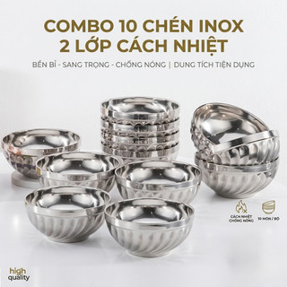 COMBO 10 Bát chén tô ăn cơm ăn mì inox 2 lớp cách nhiệt chống nóng tiện lợi - Hunghome