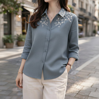 Áo Sơ Mi Thêu Hoa [45-85kg], Áo sơ mi nữ thiết kế dài tay, hoạ tiết hoa thêu thanh lịch, chất đũi xước Nhật cao cấp