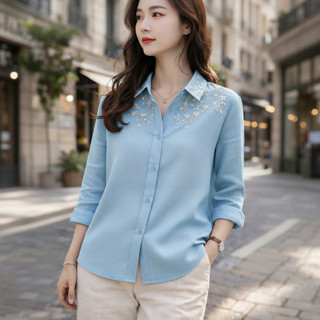 Áo Sơ Mi Thêu Hoa [45-85kg], Áo sơ mi nữ thiết kế dài tay, hoạ tiết hoa thêu thanh lịch, chất đũi xước Nhật cao cấp