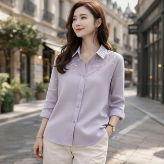 Áo Sơ Mi Thêu Hoa [45-85kg], Áo sơ mi nữ thiết kế dài tay, hoạ tiết hoa thêu thanh lịch, chất đũi xước Nhật cao cấp