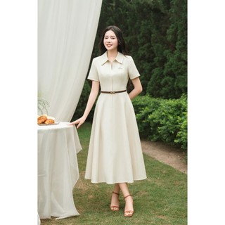 Đầm Xòe Công Sở LAMER FASHION Dáng Dài Cộc Tay Thêu Ngực Phối Đai Rời Thanh Lịch, Sang Trọng GMMH O63L26H008