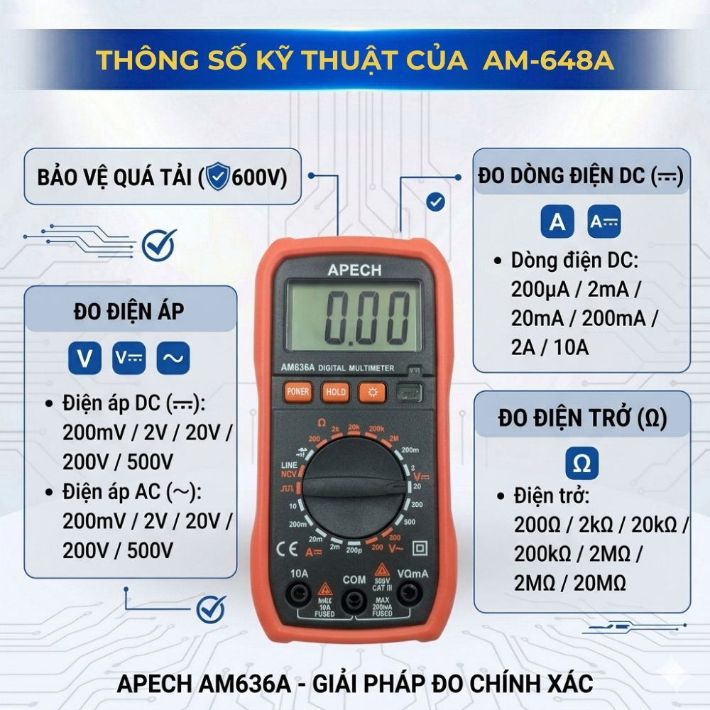 Đồng Hồ Vạn Năng APECH AM-636A Đo AC/DC, Đo Điện Trở, Didode, Thông Mạch, Dò Điện Áp Không Tiếp Xúc