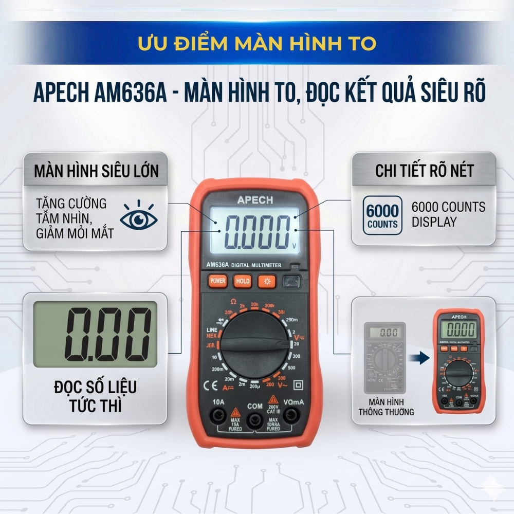 Đồng Hồ Vạn Năng APECH AM-636A Đo AC/DC, Đo Điện Trở, Didode, Thông Mạch, Dò Điện Áp Không Tiếp Xúc