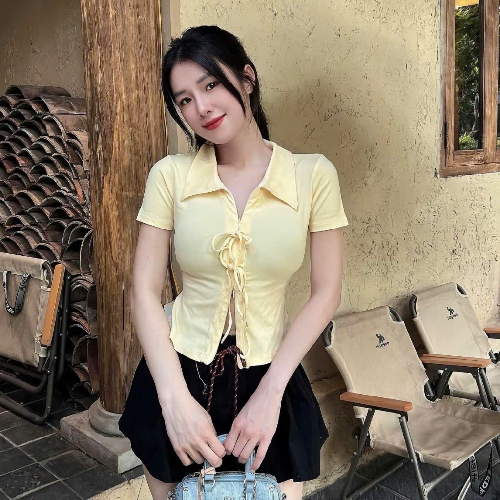 Áo Rib Cổ Bẻ Buộc Nơ Cocolen - Áo Thun Chất Liệu Co Dãn Nơ Buộc Dễ Điều Chỉnh Ôm Sát Vừa Phải - A017