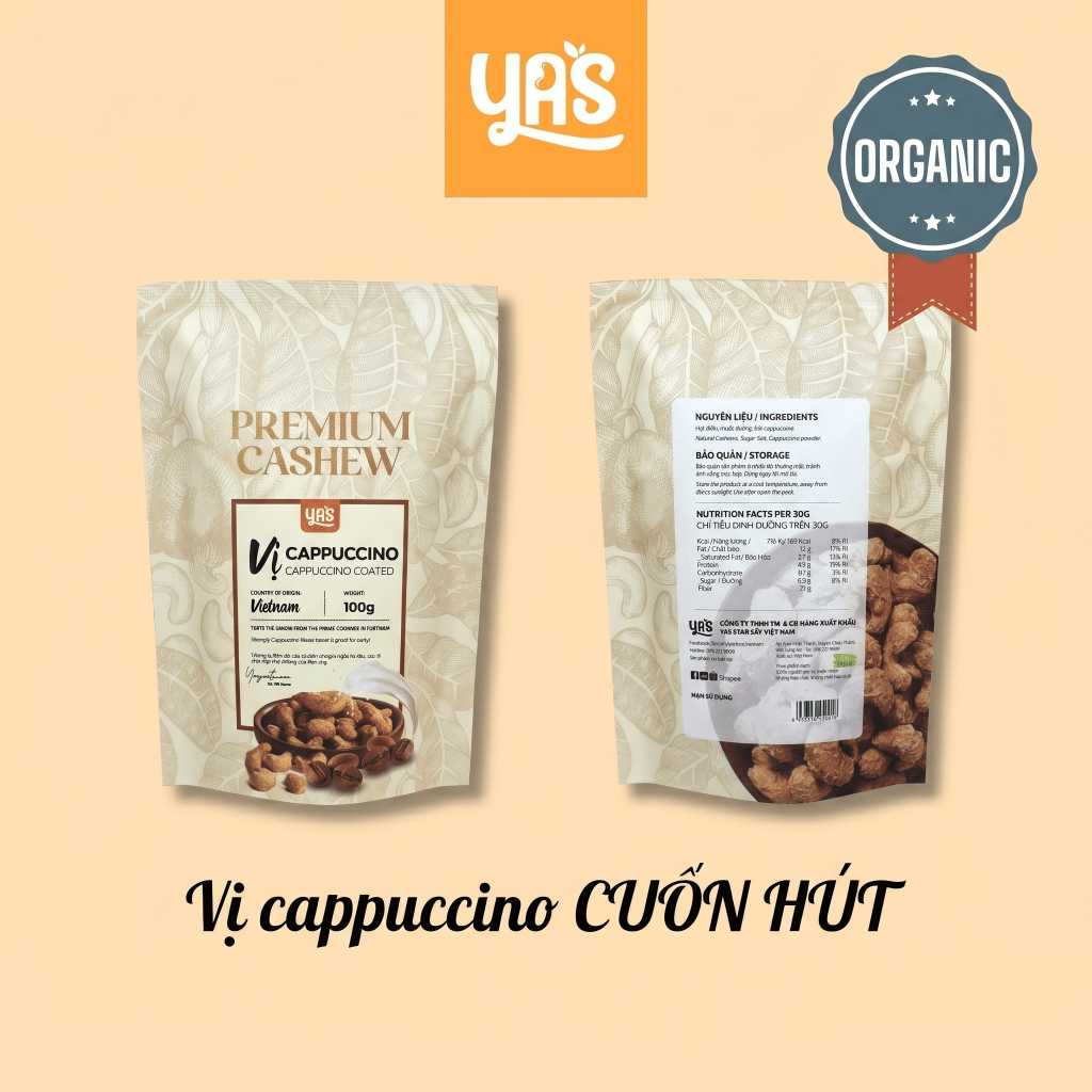 Hạt Điều Cappuccino YAS Túi 100g Điều Cao Cấp, Vị Mới Lạ Làm Đồ Ăn Vặt, Quà Biếu Cao Cấp