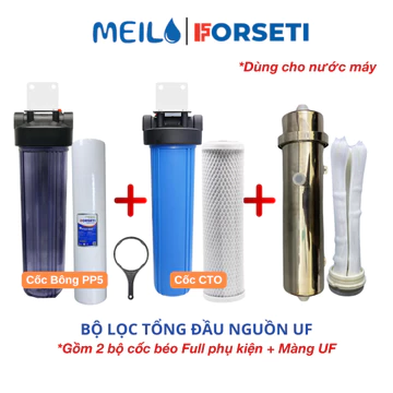 Bộ Lọc Tổng Đầu Nguồn Gồm 2 Cốc Béo (PP5 + CTO) + Siêu Lọc UF 3000 L/h, 4000 L/h, 5000 L/h Lọc Nước Sinh Hoạt