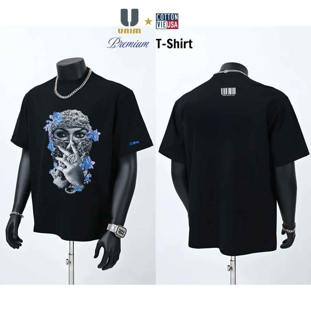 Áo Thun Drill Cô Gái Mask Hoa Hồng UnimClub Form Rộng Nam Nữ Phong Cách Street Style