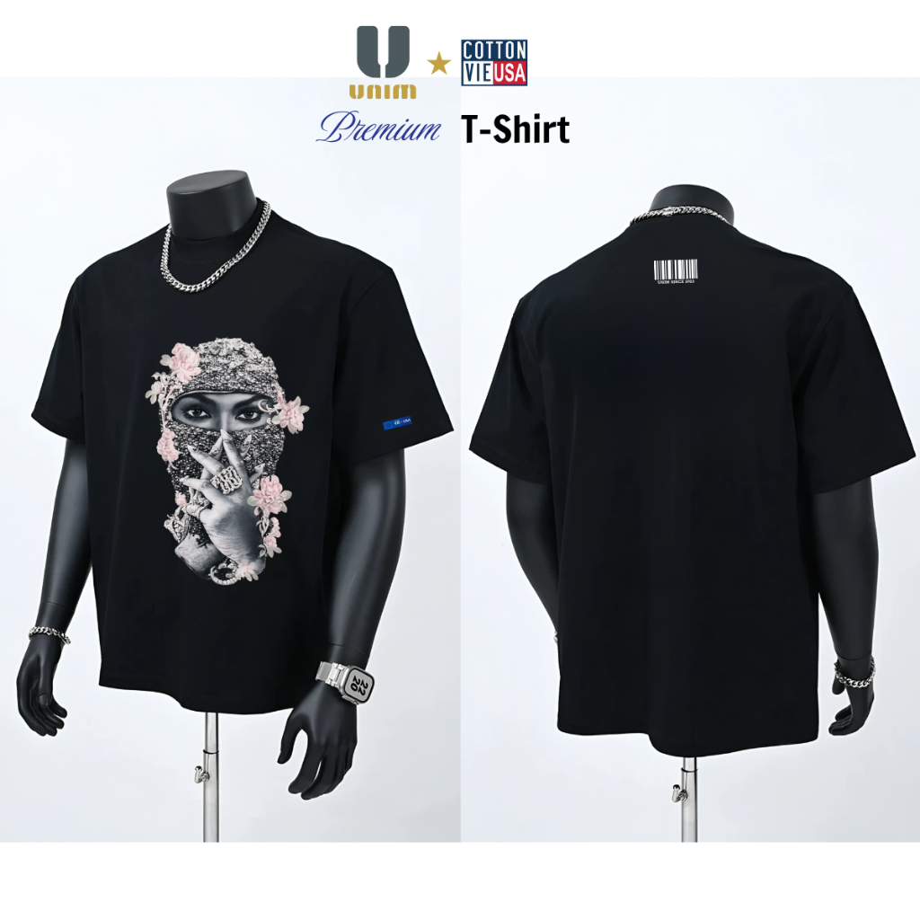 Áo Thun Drill Cô Gái Mask Hoa Hồng UnimClub Form Rộng Nam Nữ Phong Cách Street Style