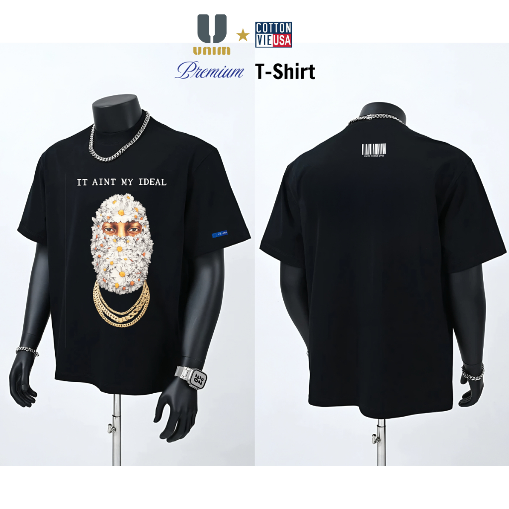 Áo Thun Drill Cô Gái Mask Hoa Hồng UnimClub Form Rộng Nam Nữ Phong Cách Street Style
