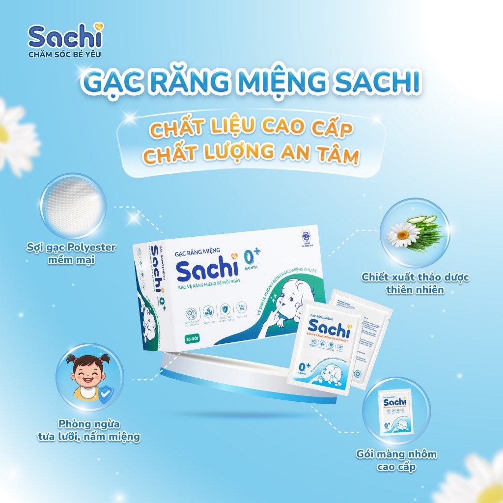 Gạc Răng Miệng Sachi Cho Bé Từ 0 Tháng Tuổi Hộp 30 Gói - Hỗ trợ làm sạch nướu, lưỡi, răng miệng