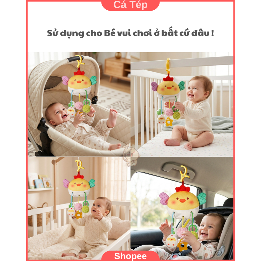Đồ chơi treo nôi, xe đẩy kích thích giác quan cho bé, vải mềm, có kẹp tiện lợi - Gà