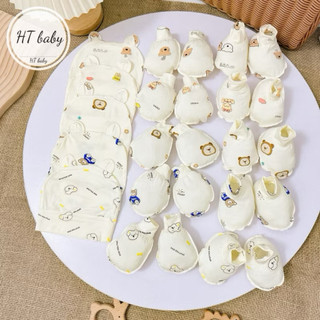 Sét Mũ, Bao chân, Bao tay 3 chi tiết tông màu Hàn Quốc cho bé sơ sinh