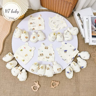 Sét Mũ, Bao chân, Bao tay 3 chi tiết tông màu Hàn Quốc cho bé sơ sinh
