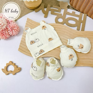 Sét Mũ, Bao chân, Bao tay 3 chi tiết tông màu Hàn Quốc cho bé sơ sinh