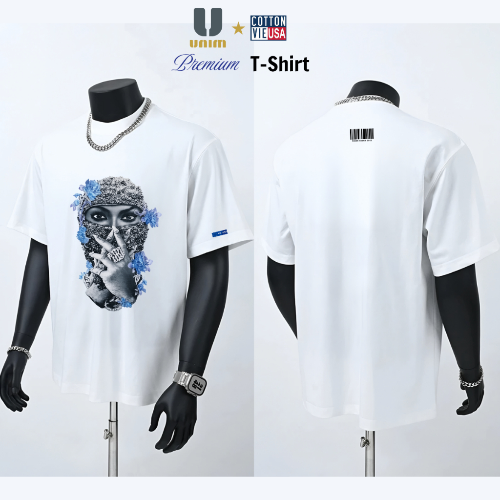 Áo Thun Drill Cô Gái Mask Hoa Hồng UnimClub Form Rộng Nam Nữ Phong Cách Street Style