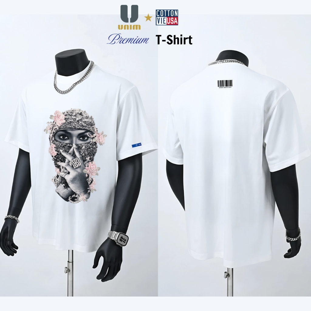 Áo Thun Drill Cô Gái Mask Hoa Hồng UnimClub Form Rộng Nam Nữ Phong Cách Street Style