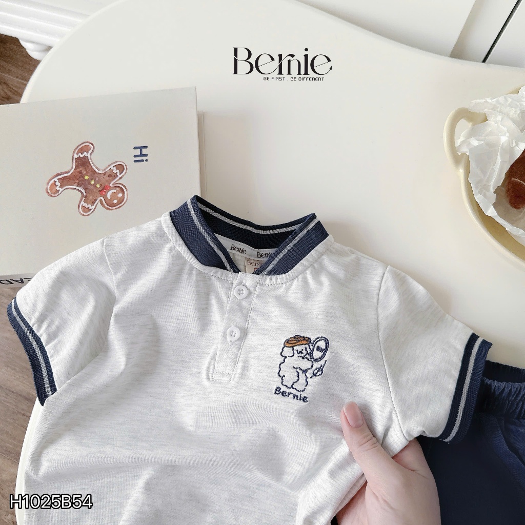 Bộ cộc cổ tàu in gấu bóng chày bé trai, bộ thun cotton quần kaki phong cách thể thao dáng đẹp