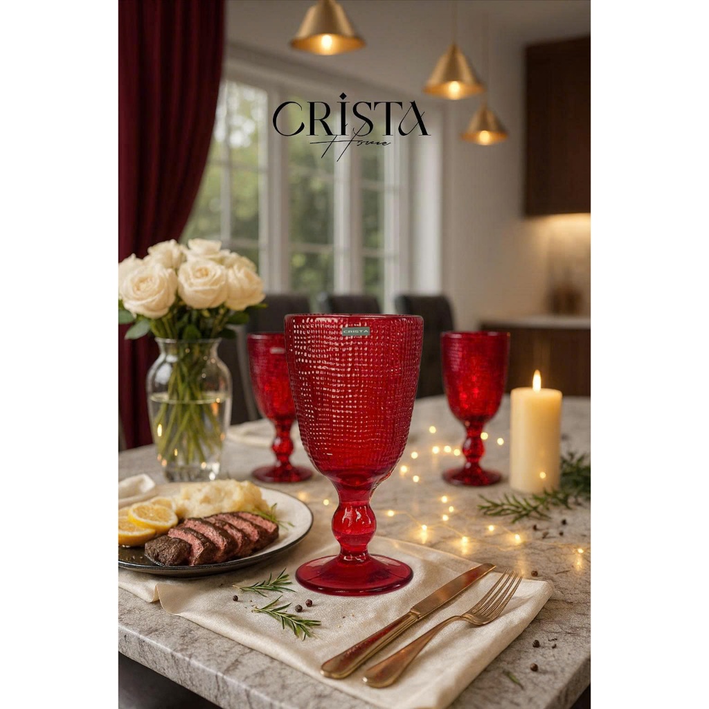 BỘ SƯU TẬP LY, CỐC, BÌNH THUỶ TINH VÂN LƯỚI ĐỎ RUBY CRISTA HOME CAO CẤP