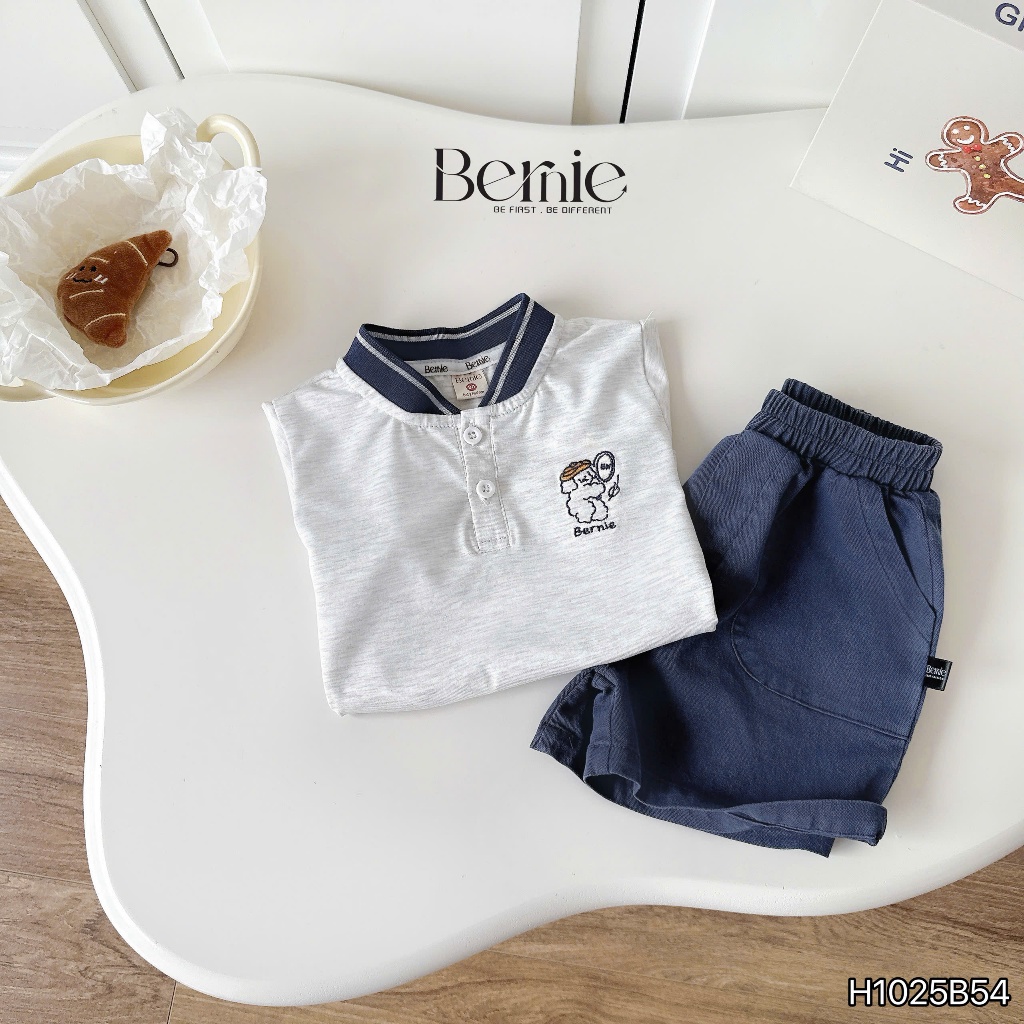 Bộ cộc cổ tàu in gấu bóng chày bé trai, bộ thun cotton quần kaki phong cách thể thao dáng đẹp
