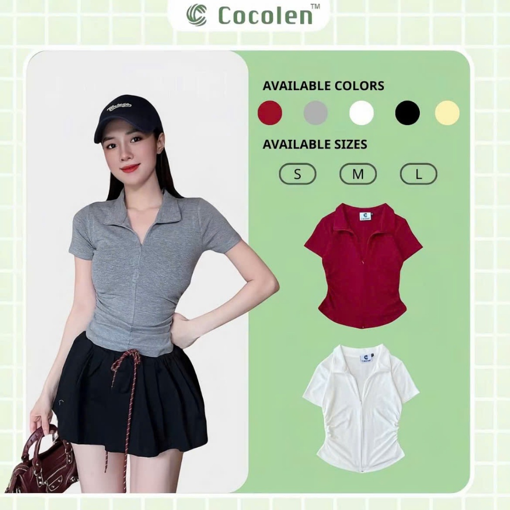 Áo Rib Cổ Bẻ Khoa Kéo Tuỳ Chỉnh Cocolen - Áo Co Giãn Có Khoá Kéo Và Rúm Eo Thanh Lịch - A016