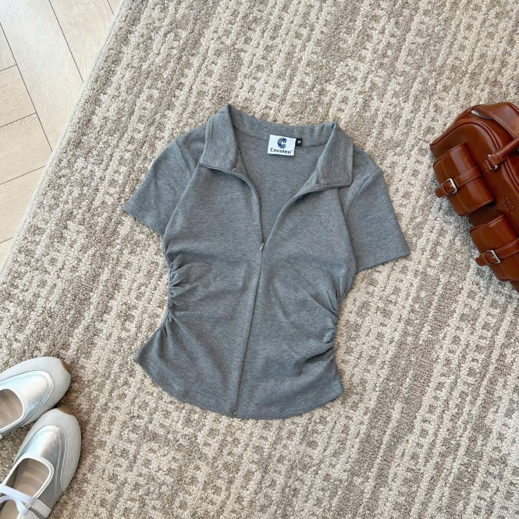 Áo Rib Cổ Bẻ Khoa Kéo Tuỳ Chỉnh Cocolen - Áo Co Giãn Có Khoá Kéo Và Rúm Eo Thanh Lịch - A016