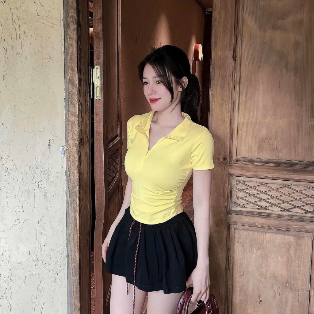 Áo Rib Cổ Bẻ Khoa Kéo Tuỳ Chỉnh Cocolen - Áo Co Giãn Có Khoá Kéo Và Rúm Eo Thanh Lịch - A016