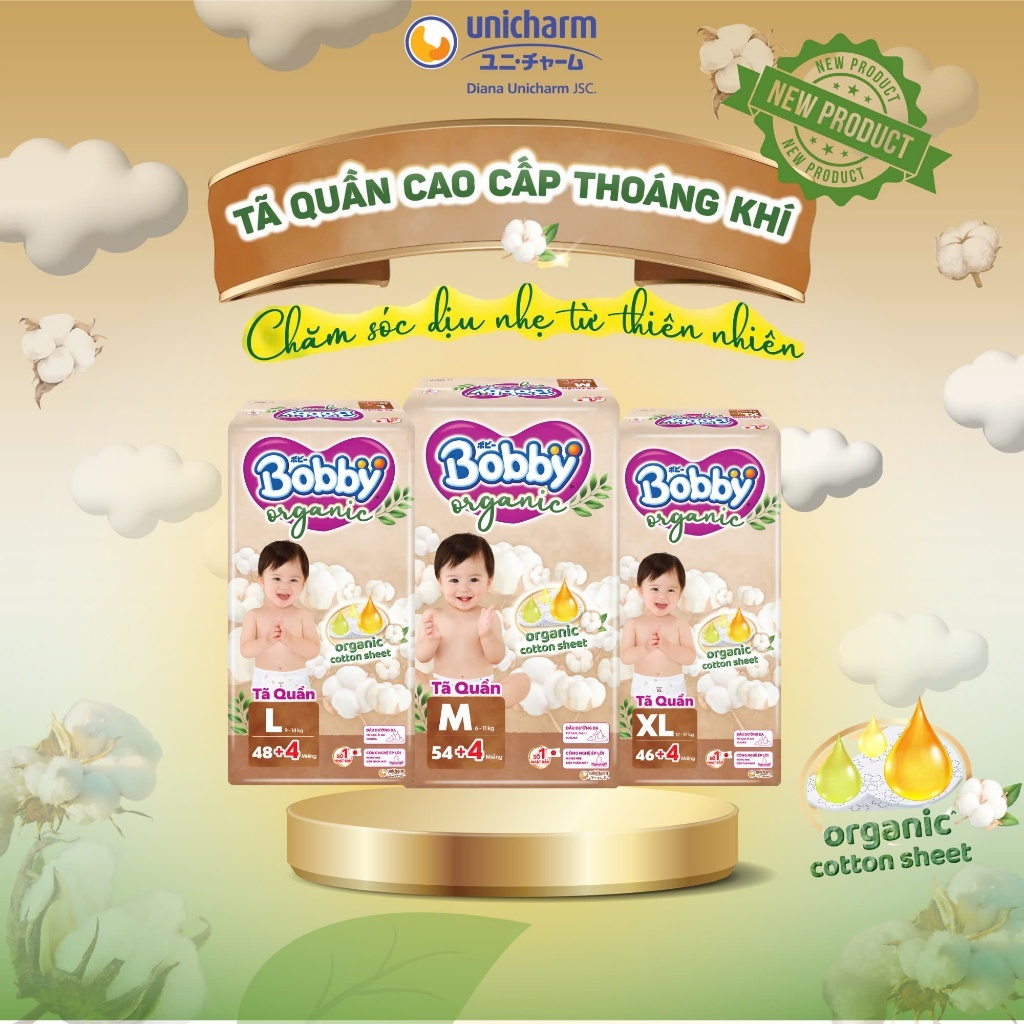 Tã quần Bobby Organic cao cấp cho bé - Chính hãng Unicharm Nhật Bản